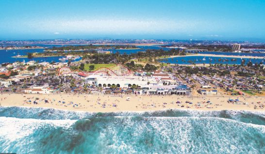 Aerial view of Belmont Park roller coaster and beach