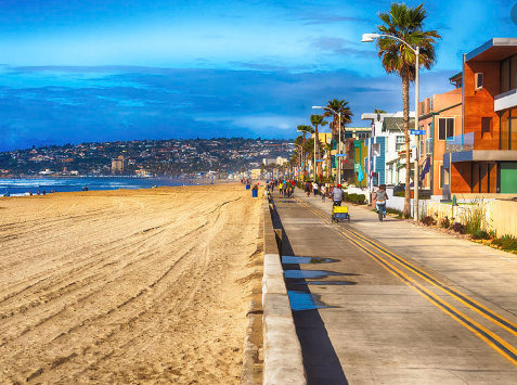 Mission Beach boardwalk lined with palm trees