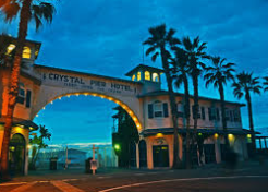 Crystal Pier Hotel entrance at night in Pacific Beach